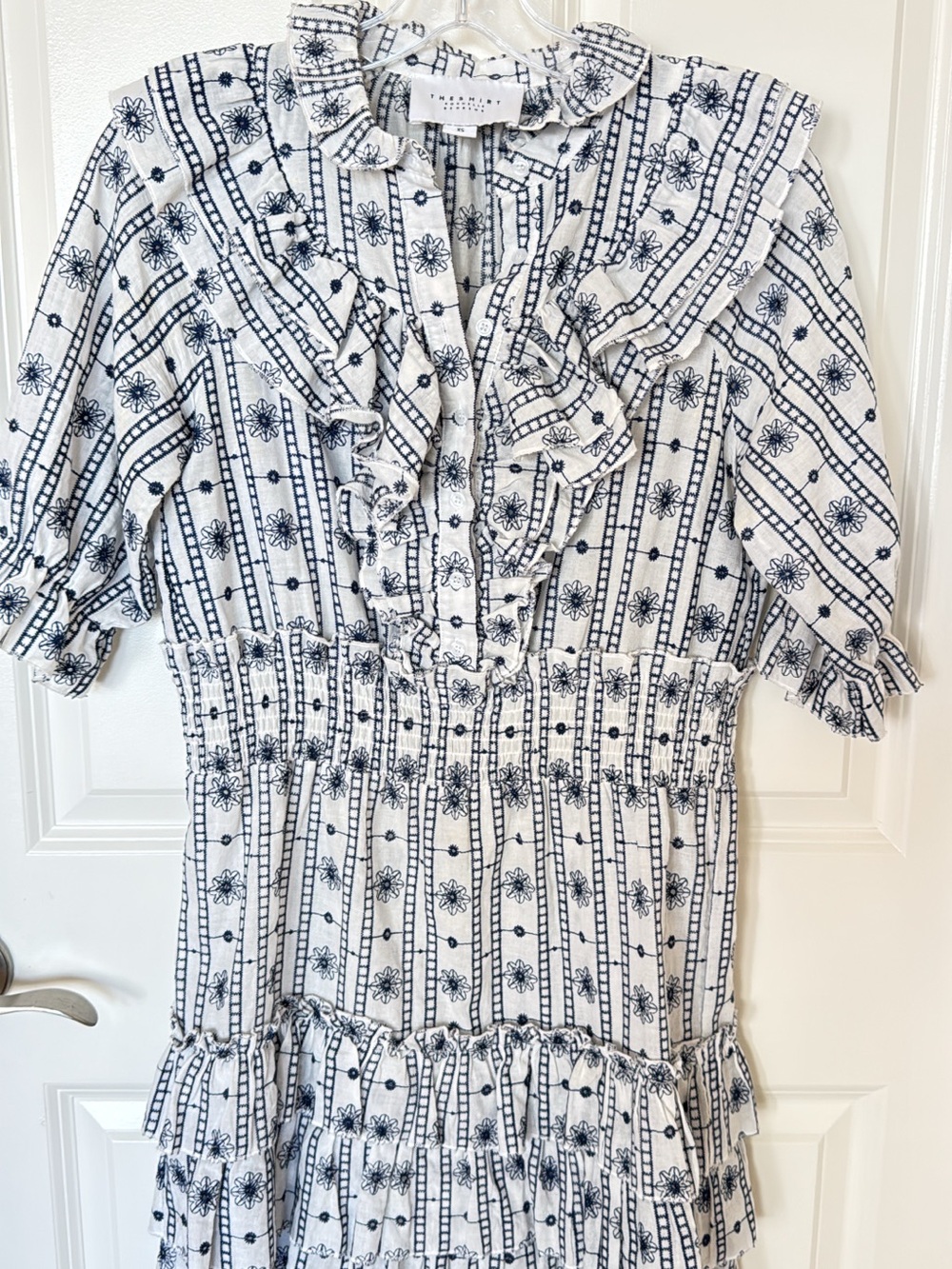 The Shirt by Rochelle Behrens White and Navy Ruffle Mini Dress Eyelet XS